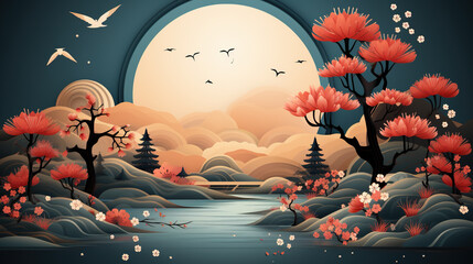 Wall Mural - Greeting card design for Mid-Autumn Festival, Chinese Moon Festival or Zhongqiu. AI generative.