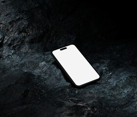 Wall Mural - Mockup smartphone with blank white screen On Rock. copy space for brand advertisement. 3D rendering Mockup Template.