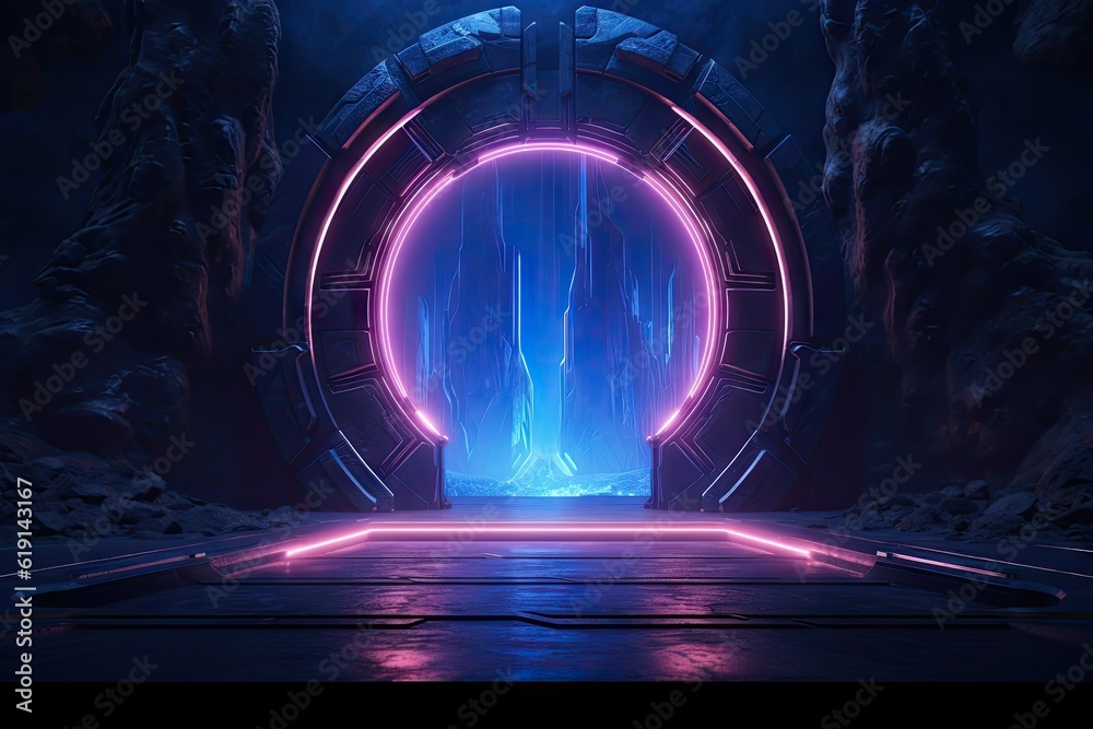 Abstract portal stone gate with neon glowing light in the dark space ...