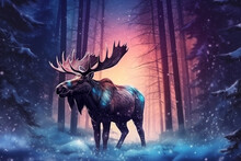Moose In The Forest With Aurora Magical Atmosphere.Generative Ai.