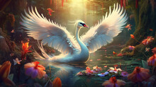 White Swan Beautiful Wings In Fantasy Forest.Generative Ai.