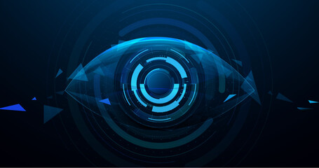 Wall Mural - Abstract digital human eye. Cyber security technology. Low polygons, triangles, wireframes, and particle style