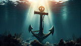 Anchor on the sea. Illustration of big iron anchor underwater view Ai generated image