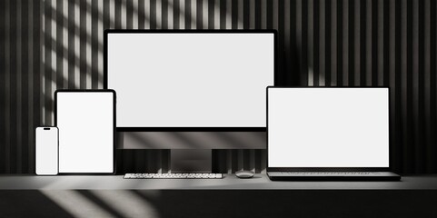 Responsive Web Design and website Mockup, Devices Collection Mockups, Smartphone desktop tablet laptop Mockup template. 3D Rendering.