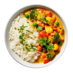 Wall Mural - Delicious Plate of Indian Vegetable Korma Curry and Rice Isolated on a White Background