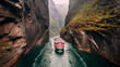 Cruise ship passes a narrow canyon of rock, one of the many natural wonders that can be found in Norwegian fjords. Generative AI