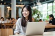 © AI Farm - Portait of Asian business woman smile with computer laptop. Generative AI