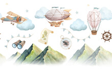 Seamless Banner With Watercolor Illustration Of Picturesque Green Mountains And Vintage Plane, Hot Air Balloon And Airship With Clouds Isolated