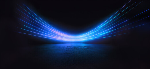 Poster - Abstract light blue lines on black background illuminate textured ground. Dynamic curves and blues pattern. Detailed fractal graphics. Science and technology concept