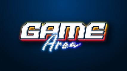 Sticker - Neon glowing text effect, game area multicolor text style isolated on blue background