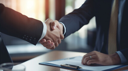 Wall Mural - partnership. two business people shaking hand after business signing contract in meeting room at com
