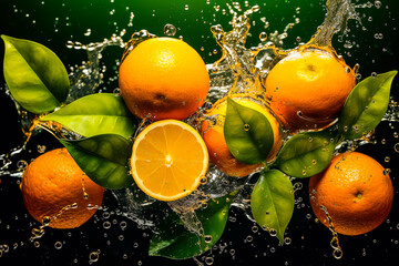 Wall Mural - Oranges coupées avec éclaboussures d'eau - Concept de fraicheur - Générative IA