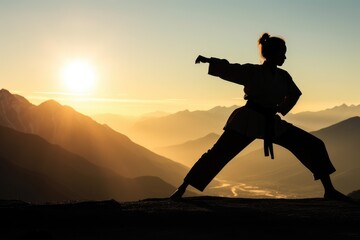 Wall Mural - Woman practicing martial arts on the top of a mountain. Generative AI