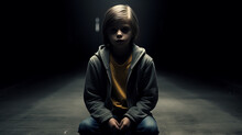 Small Sad Child In Alone In Middle Of Dark Cold Room , Child Abuse Illustration Concept