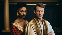 Two People In Periodical Clothing Representing Julius Caesar And Cleopatra From Roman Empire Era
