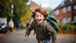 Small schoolboy with satchel running to school smiling , back to school concept
