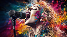 Portrait Of A Woman Singing In Colorful Splatter Over A Microphone
