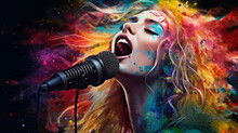 Portrait Of A Woman Singing In Colorful Splatter Over A Microphone