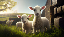 Lambs In Countryside In The Sunshine Ai Generated Image 