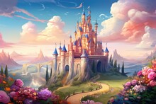 Cartoon Fantasy Castle With Roses And Rainbow Sky