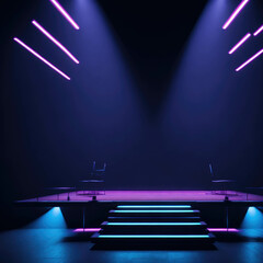 Futuristic Podium Stage With Bright Colorful Spot Lights, Neon Colors, Show Room Interior, Fashion Catwalk, Generative AI