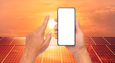 Man's hand searching for solar panel installation solution with smartphone. Alternative power source.