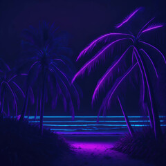 Tropical Party Beach Scene With Neon Colors, Night, Summer Background, Generative Ai