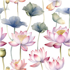 Wall Mural - Water lili pattern watercolor in beautiful style on white background. Vintage botanical summer texture. Vector illustration design. Abstract art textile print design.
