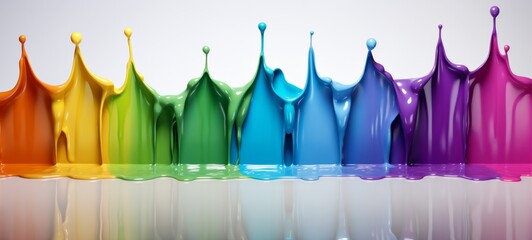 Poster - Colorful rainbow color acrylic paint flowing down over white background, dripping colorful liquid. Digital art (Generative Ai)