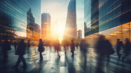 motion blur image of business people crowd walking at corporate office in city downtown, blurred background, business center concept, Generative AI