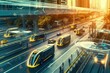 Urban mobility future - tram, metro, subway in futuristic city. Generative AI.
