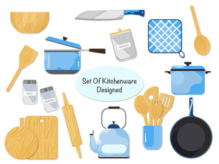 Wall Mural - Kitchen set in vector style of cute cooking tools, knives, rolling pin, ladle, spatula, pots, pans, jars. Cute kitchenware collection.