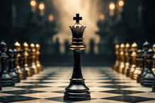 Black King Winner Surrounded With Black Gold Chess Pieces On Chess Board Game Competition. Concept Strategy Generative AI