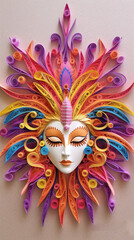 Wall Mural - A paper mask with colorful hair on a wall. Generative AI.
