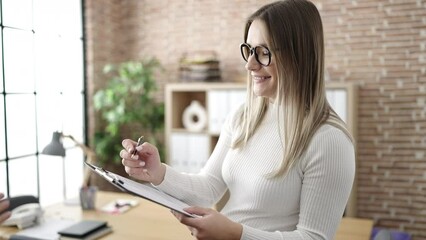 Sticker - Young pregnant woman business worker singing contract shake hands at office