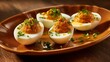 Boiled eggs stuffed with yolk and fish, low-calorie cold appetizer stuffed with protein food, serving for the festive table. Generative AI
