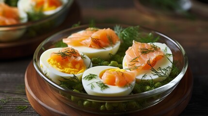 Boiled eggs stuffed with yolk and fish, low-calorie cold appetizer stuffed with protein food, serving for the festive table. Generative AI
