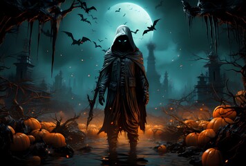 Halloween 3d halloween vector 3d backgrounds free, in the style of cyberpunk dystopia, orange and aquamarine