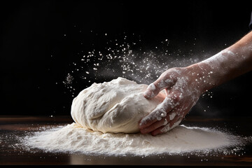 White flour flies in air on black background, pastry chef claps hands and prepares yeast dough for pizza pasta. High quality photo