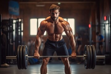 Generative AI illustration of exercise and man with barbell in gym for fitness, strong muscle power or health. Bodybuilder, training and face of male athlete weightlifting for wellness