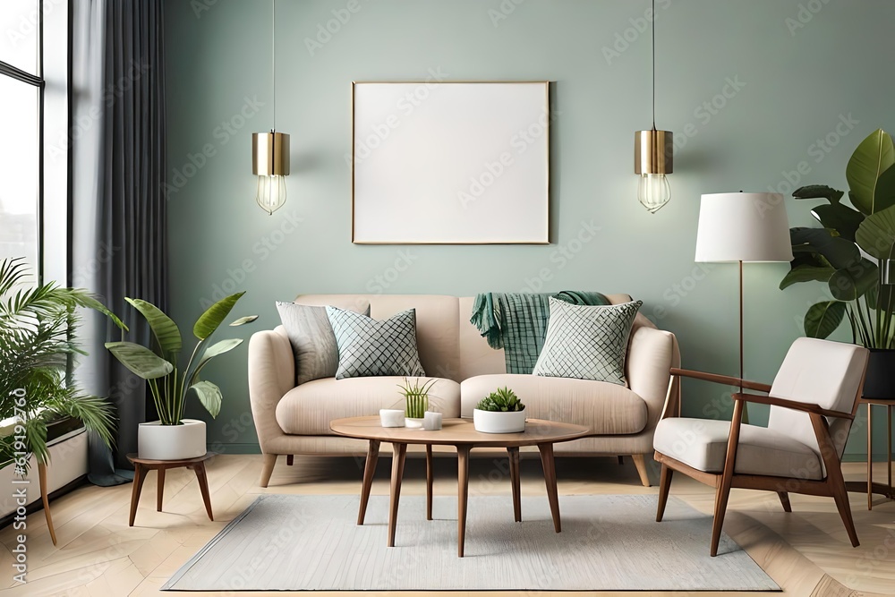Warm and Cozy Composition of spring living room interior with mock-up poster frame, wooden sideboard, white sofa, green stand, base with leaves, plants, and stylish lamp, Home Decor Generative AI