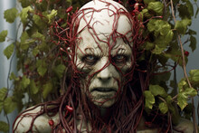 A Scary Zombie's Face Is Covered By Veins And Leaves, Green Natural Background. Generative AI