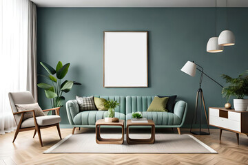 warm and cozy composition of spring living room interior with mock-up poster frame, wooden sideboard