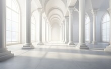 Antique Architectural White Panorama With Shadow From Columns. Long Row Of Colonnade Columns And Arcs. Abstract Light Background.