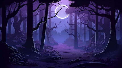 Wall Mural - Realistic halloween background with creepy landscape of night sky fantasy forest in moonlight. AI illustration.