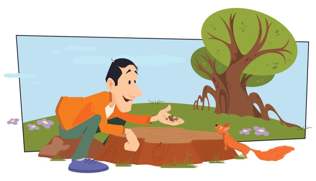 Man feeds squirrel in forest. Illustration for internet and mobile website.