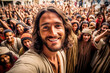 A selfie of Jesus Christ with the crowd of people behind Him Generative AI Illustration