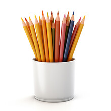 Array Of Multi-coloured Pencils In A Plain White Cup With White Background Mock-up Photo