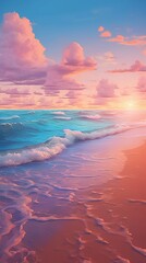 A pink pastel sunset on a beach with waves. Generative AI.