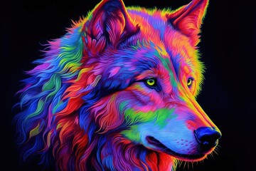  Colorful wolf paints on a black background. Created with generative AI.